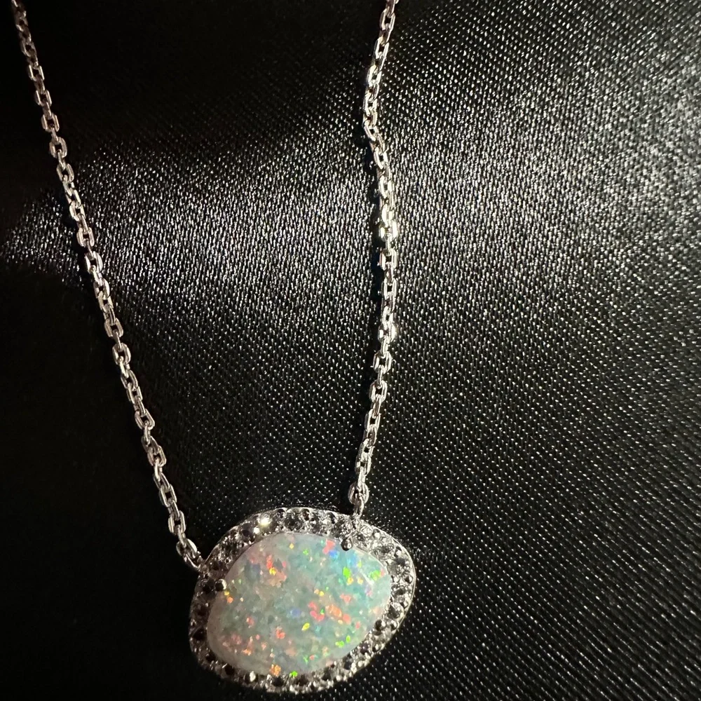 Silver Opal and white Necklace and Earrings Set - Picture 3 of 5